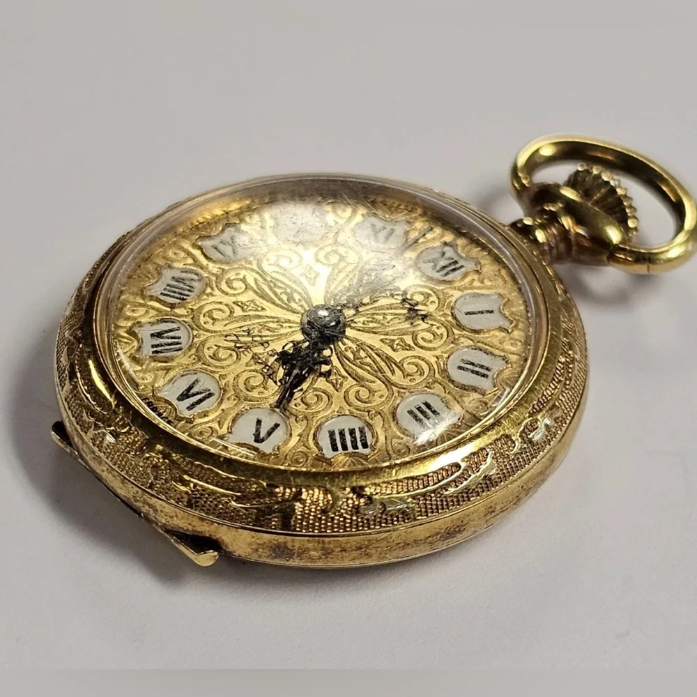 VTG Arnex 17J Incabloc Ladies 14K Gold Plated Pendant Pocket Watch. Not Running